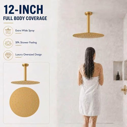 Rainfall Shower head, 12 Inch Round Shower Head, Wall or Ceiling Mounted Ultra Thin Stainless Steel High Pressure Shower Head with Touch-Clean Nozzles, Brushed Brass Gold - color: Brushed Brass Gold, size: 12-Inches, style: Round