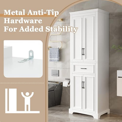 JIJIWANG 70.8" H Modern Wood Tall Bathroom Storage Cabinet, White Freestanding Linen Tower with Soft-Close Doors, Drawer, Adjustable Shelves, Anti-Tip Design, for Master Bathroom