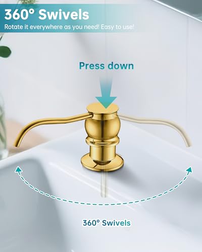 Built in Deck Mount Liquid Lotion Kitchen Countertop Metal Soap Dispenser, Gold Brass Dispenser Pump with 500ml (17oz) High Capacity Bottle - color: Gold, size: Without Hose