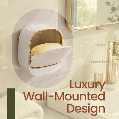 Wall Mounted Soap Holder with Drain Tray, 2 Pack Waterproof Soap Dish with Flip Lid, Self Draining Soap Bar Holder for Shower, Bathroom & Kitchen