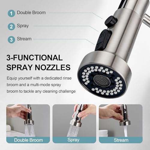 Kitchen Faucets with Pull Down Sprayer, Brushed Nickel Stainless Steel Single Handle Pull Out Spring Sink Faucet, 3 Function Sprayer 1 or 3 Hole Deck Plate for Farmhouse Laundry Rv Bar - color: Brushed Nickel, style: Classic