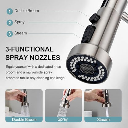 Kitchen Faucets with Pull Down Sprayer and Soap Dispenser, Brushed Nickel Stainless Steel Single Pull Out Spring Sink Faucet, 3 Function Sprayer 1 or 3 Hole Deck Plate for Farmhouse Rv Bar - color: Brushed Nickel, style: Classic(with Soap Dispenser)