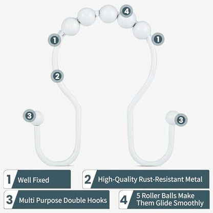 Shower Curtain Hooks, OEH Shower Curtain Rings, White Shower Curtain Hooks Rust Proof, Smooth Gliding Metal Shower Curtain Rings Rust Proof, Double Shower Rings for Curtain, 12 Pcs, White - color: White, size: Classic Double Hooks