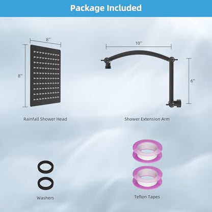 Hibbent All Metal 8'' Rain Shower Head, 16'' Extension Arm, Matte Black | cUPC Certified High Pressure Rainfall Showerhead with Solid Brass Adjustable Shower Head Extension Arm, Fixed Showerheads - color: Matte Black, style: Square 8''