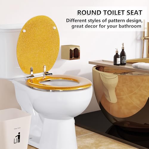 Angol Shiold Glitter Toilet Seat Molded Wood Round Toilet Seat with Quietly Close and Quick Release Hinges, Easy to Install also Easy to Clean (Round 16.5'', Gold) - color: Gold, size: Round 16.5‘’