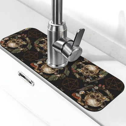 Wiccan Wicca Skull Mushroom Mushrooms Witchcraft Kitchen Sink Splash Guard Faucet Mat Super Absorbent Fast Drying Mat Sink Gadgets-Fast Drying Pad Sink Mat For Kitchen Bathroom (15" X 5.5" ) - color: Skull Mushroom