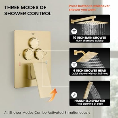 gotonovo Shower Faucet Set Push Button 10+6 Inch Dual Head Brushed Gold | Rain Dual Shower Head System with Handheld Spray for Couple,Push Button Diverter,High Pressure Valve Trim Kit,All Metal - color: Gold, size: 10+6 Inch Dual Head