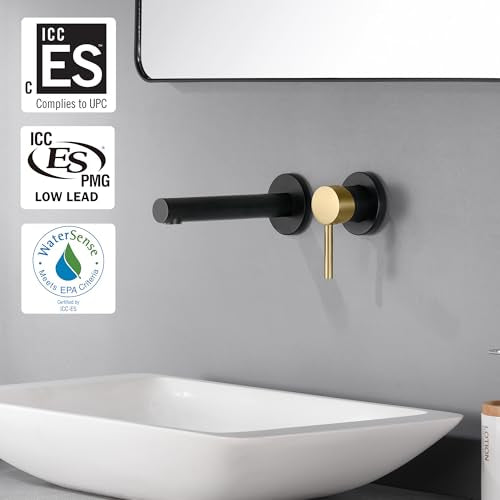SUMERAIN Wall Mounted Bathroom Sink Faucet Black and Gold Finish, Lavatory Faucet with Single Handle and Rough in Valve - color: Black and Gold, size: Right Handle