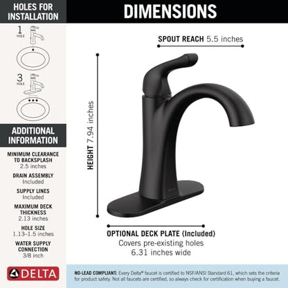 Delta Arvo Matte Black Bathroom Faucet 1 Hole, Single Hole Bathroom Sink Faucet for Vanity, Push-Pop Drain Assembly, Matte Black 15840LF-BL - color: Matte Black