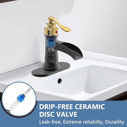 Bathroom Faucet Black and Gold Waterfall Bathroom Sink Faucets | Single Handle Rustic Vanity Farmhouse RV Faucet Suitable for 1 or 3 Holes with Pop-up Drain Deck Plate Hose by Homevacious - color: Gold & Black