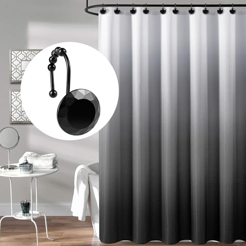 Sunlit Luxury Design Round Black Diamond Crystal Gem Bling with Glide Balls Shower Curtain Hooks with Black Hooks, Rust Proof Metal Rhinestones Glam Decorative Shower Curtain Rings, Set of 12 - color: Black With Black Hooks