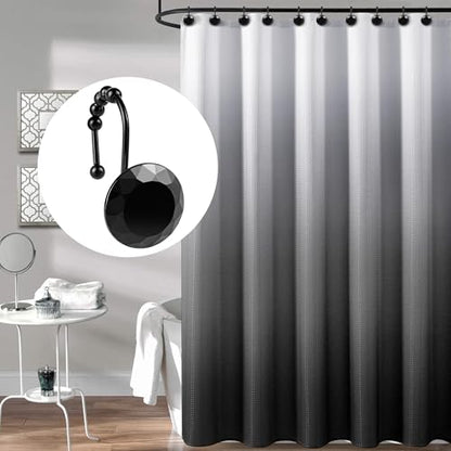 Sunlit Luxury Design Round Black Diamond Crystal Gem Bling with Glide Balls Shower Curtain Hooks with Black Hooks, Rust Proof Metal Rhinestones Glam Decorative Shower Curtain Rings, Set of 12 - color: Black With Black Hooks