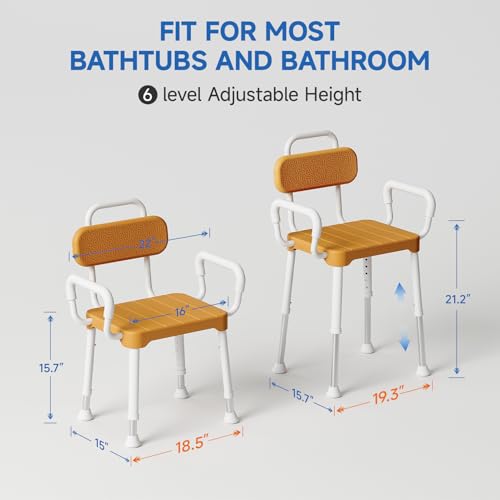 Loyoda Shower Chair with Arms and Back for Seniors, 350 lb Capacity | FSA/HSA Eligible, Adjustable Height Shower Bench for Inside Shower or Bathtub, Non-Slip Feet, Waterproof and Durable - size: Brown