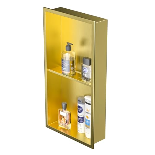 Stainless Steel Shower Niche 24" X 12" Brushed Gold No Tile Needed | Recessed shower niche,golden bathroom niche shower for shampoo & soap storage,space-saving,horizontal built-in shower niche - color: Gold, size: 24"x 12"