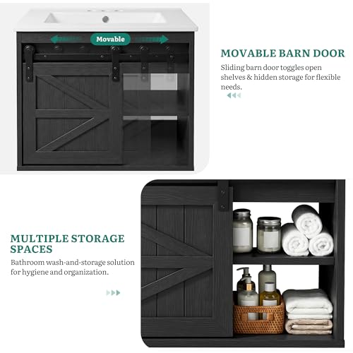 DWVO 24" LED Bathroom Vanity with Sink | Farmhouse Sliding Barn Door Bathroom Cabinet, Bathroom Vanities, Wall Mounted Floating Cabinet - color: Black, size: 24 Inch