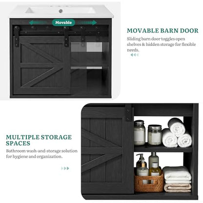 DWVO 24" LED Bathroom Vanity with Sink | Farmhouse Sliding Barn Door Bathroom Cabinet, Bathroom Vanities, Wall Mounted Floating Cabinet - color: Black, size: 24 Inch