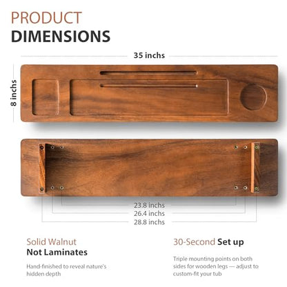 Wood Bathtub Tray Caddy - 35" Non-Slip Luxury Bath Board for Freestanding Tub - Premium Wood Bathtub Organizer with Wine Glass, Book & Phone Holder for Spa Relaxation, Gift Ideas