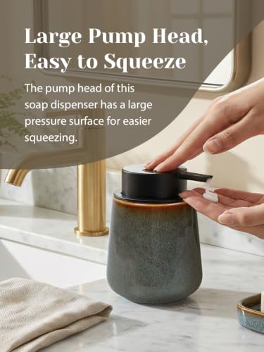 INGOFIN Ceramic Lotion Dispenser - 12 oz Refillable Hand Soap Dispenser Bathroom, Modern Liquid Dispenser with Pump, Dish Soap Dispenser for Kitchen,Kiln-Glazed Blue-Green - color: Blue Green