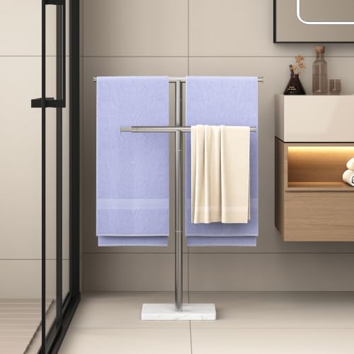 ELYKEN Standing Towel Rack for Bathroom, Adjustable 2-Tier Towel Stand | Weighted Marble Base, Brushed Stainless Steel, Freestanding Design, Holds Bath Towels, Rust Resistant, Ideal for Bathroom - size: 2 Tiers