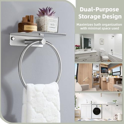Hand Towel Ring with Shelf, Brushed Nickel, 304 Stainless Steel | 8.07-Inch Storage Surface, Rear Retaining Lip, 180° Rotation, Toiletry Storage, Concealed Screw Mounting, Bathroom Remodels - color: Brushed Nickel
