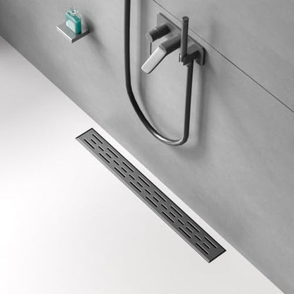 24 Inch Black Linear Shower Drain, Rectangular Shower Floor Drains with Brickwork Cover, 304 Stainless Steel Linear Drain with Leveling Feet, Hair Strainer (Matte Black)