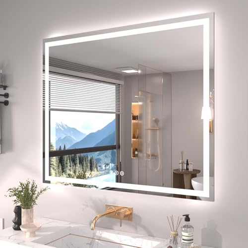 Snowdool 48 x 40 in LED Bathroom Mirror, Front and Backlit, Anti-Fog | Front and Backlit, 3 Color Temperatures, Anti-Fog, Tempered Glass - size: 40"L x 48"W