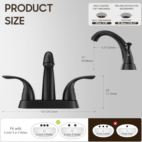4 Inch 2 or 3 Holes 2 Handles Centerset Matte Black Lead-Free Bathroom Sink Faucet, Bathroom Faucet with Copper Pop Up Drain and Water Supply Lines, BF008-5-MB - color: Matte Black, style: 1 Pack