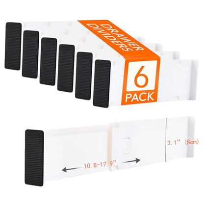 Adjustable Drawer Dividers, 3.1" High, 10.8-17.9", 6 Pack | Expandable organizer with non-slip locking mechanism & foam pads. Fits baby nursery, bathroom vanity & desk drawers.