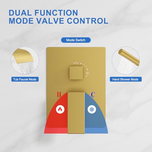 RUMOSE Wall Mount Bathtub Faucet Waterfall Tub Faucet with Handheld Sprayer | Gold, 2 in 1 Handheld, Modern Bathroom Tub Filler Brass Single Handle Shower Faucet Set, High Flow Rough in Valve - color: Gold
