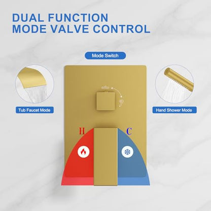 RUMOSE Wall Mount Bathtub Faucet Waterfall Tub Faucet with Handheld Sprayer | Gold, 2 in 1 Handheld, Modern Bathroom Tub Filler Brass Single Handle Shower Faucet Set, High Flow Rough in Valve - color: Gold