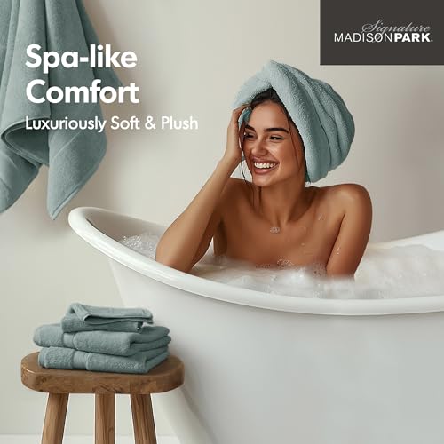 Madison Park 800GSM 100% Cotton Bathroom Bath Towel Set of 8, Dusty Green | Long Staple, Highly Absorbent, Durable Hotel Spa Quality, Quick Dry, Double Stitched Hems, Lint Reducing, OEKO-TEX Certified - color: Dusty Green, size: Multi-Sizes