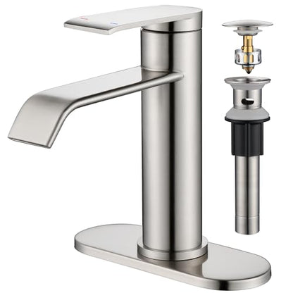 Bathroom Sink Faucet 1 Hole with Metal Pop-up Drain Brushed Nickel | Single Handle Bathroom Faucet with Supply Lines and Deck, Modern Waterfall Bathroom Faucets, for 1 or 3 Hole, G-7001BN - color: Brushed Nickel