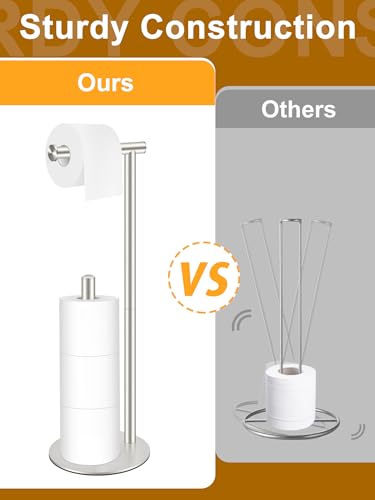 Toilet Paper Holder Stand, Rustproof Modern Free Standing Bathroom Tissue Holder Storage for 4 Rolls, Stainless Steel Anti-Slip Base with Reserve, Brushed Nickel, YOFOVI