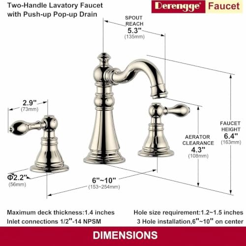 Polished Nickel 2-Handle 8 Inch Widespread Bathroom Faucet, 3 Holes | Derengge Traditional Widespread Sink Faucet, With Pop-Up Drain 360° Swivel Stainless Steel Spout,F-8805-PN - color: Polished Nickel