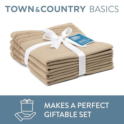 Town & Country Basics 4-Piece Waffle Woven Terry Stripe Washcloth Set, 13x13-Inch, 100% Cotton, Quick Dry, Taupe - color: Taupe