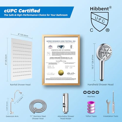 Hibbent High Pressue All Metal 8" Rainfall Shower Head, Handheld 10-Spray | cUPC Certified Chrome Dual Showerhead Combo, 4-way Diverter with Pause Mode, Brass Extension Arm, 71'' Shower Hose & Holder - color: Chrome, style: Square 8"