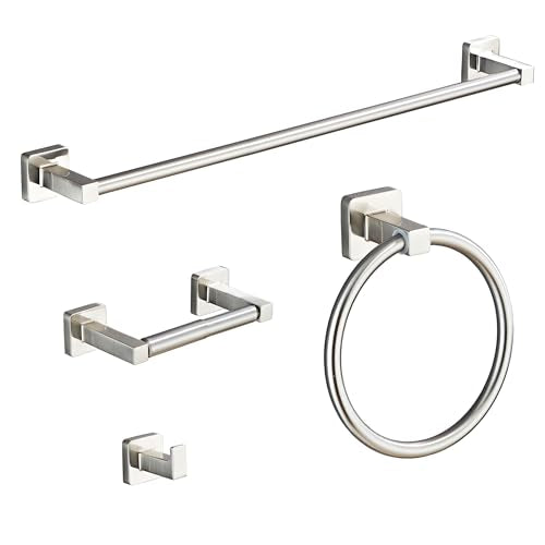 Brushed Nickel Bathroom Hardware Set 4 Pieces,Bathroom Accessories Set Stainless Steel Wall Mounted, Hand Towel Bar, Towel Ring, Robe Towel Hooks,Toilet Paper Holder,Towel Bar Set, 23.6 Inch - color: Brushed Nickel, size: 23.6Inch