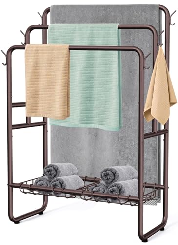 Kayfia 40'' Freestanding 3 Tier Metal Towel Rack, 2 Baskets & 6 Hooks | Dual-Use Drying & Display Rack, Holds Oversized Bath Towels & Blankets, fits Indoor, Bathroom, Bedroom & Outdoor, Bronze - color: Bronze