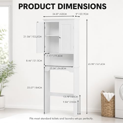 66" H White Bathroom Cabinet Over Toilet with Doors; Adjustable Shelf Bathroom Organizer Unit Featuring Freestanding MDF Wood Over the Toilet Cabinet Frame for Restroom (A) - color: A