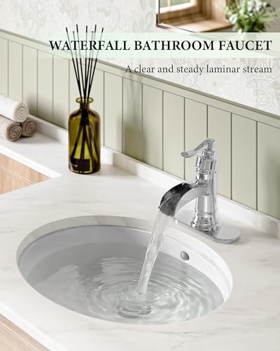 Bathroom Faucet Chrome Waterfall Bathroom Sink Faucets with Single Handle | Rustic Vanity Farmhouse RV Faucet Suitable for 1 or 3 Holes with Pop-up Drain Deck Plate Hose by Homevacious - color: Chrome