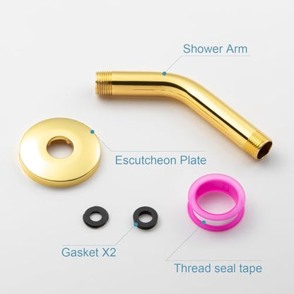 OFFO Shower Arm with Flange, 6 in Bright Gold Wall Mount Replacement Angle Shower Head Arm Wall-Mounted For Fixed Shower Head & Handheld Showerhead - color: Bright Gold, style: 6 in