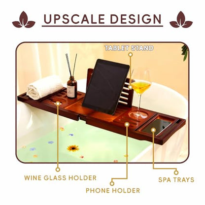 Bamboo Bathtub Tray, Expandable Foldable Bath Caddy, Walnut | 29-42“ Bath Shelf Over Tub with Phone, Tablet & Wine Holders, Locking Design for Spa Bathroom Accessories & Gifts - color: A-walnut