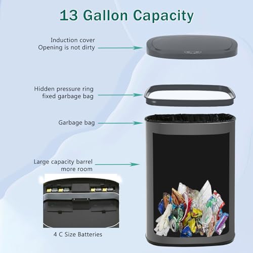 PayLessHere Kitchen Trash Can Automatic Trash Can with Lid 50 Liter 13 Gallon Touch Free High-Capacity Brushed Stainless Steel Waste Bin for Bathroom Bedroom Home Office (Black) - color: Black