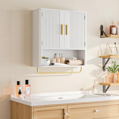 Bathroom Wall Cabinet, Medicine Cabinet with Fluted Door & Adjustable Shelf | Over The Toilet Storage Cabinet with Towel Bar, Space-Saving Cabinet Wall Mount for Laundry Room, Kitchen, Living Room - color: White