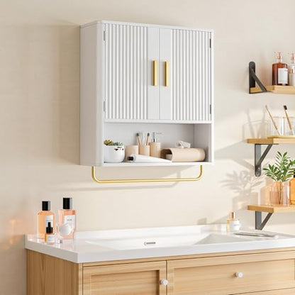 Bathroom Wall Cabinet, Medicine Cabinet with Fluted Door & Adjustable Shelf | Over The Toilet Storage Cabinet with Towel Bar, Space-Saving Cabinet Wall Mount for Laundry Room, Kitchen, Living Room - color: White