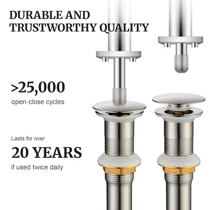 Pop up Sink Drain Stopper Without Overflow Brushed Nickel for Bathroom Vessel Vanity Sink Art Basin, Big Cap Sink Drain Without Overflow, Metal Pop-up Drain Strainer with Detachable Basket Stopper - color: Brushed Nickel, style: without overflow