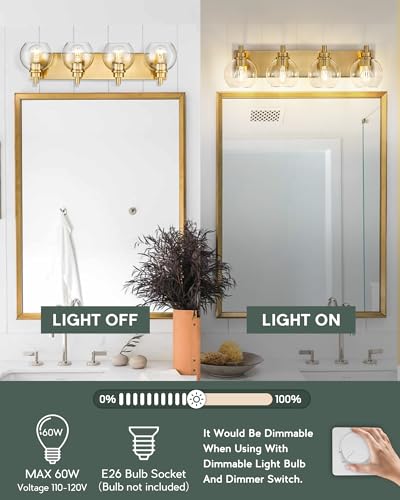 4-Light Brushed Gold Bathroom Vanity Light, Clear Glass Globe Shade | 26" modern bathroom light fixtures over mirror, E26 base, bulbs not included, VL195-BG-CL-4 - color: Brushed Gold, Clear Glass, size: 4-light