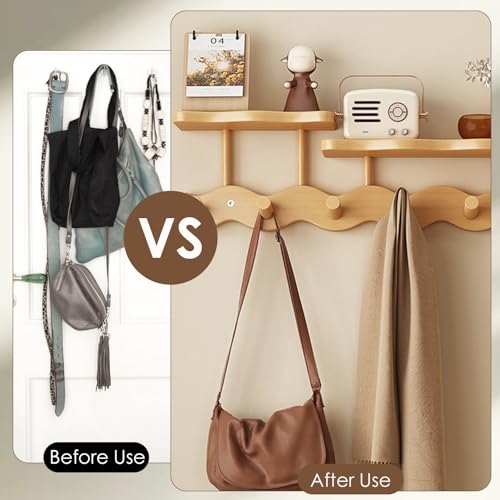 Wall-Mounted Coat Rack with Shelf, Wooden Coat Hanger with 6 Sturdy Hooks, Drill-Mounted Design for Hanging Clothes, Hats, Towels, Bags, and Robes (White) - color: White