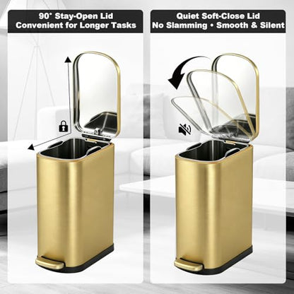 ELPHECO Bathroom Trash Can with Lid 3.5Gal Stainless Steel Step Garbage Can | 13.5 Litre Stainless Steel Pedel Garbage Can with Removable Inner Bucket, Wastebasket for Bathroom, Office, Bedroom, Gold - color: Gold