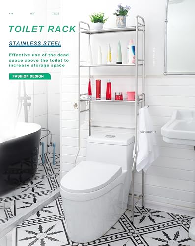 susunnus Over The Toilet Storage 3 Tier,Stainless Steel,for Toilet,Bathroom | Freestanding Space Saver,Rust Proof,with Anti-slip Feet,Paper Rolling and Towel hooks,Bathroom Shelf Over Toilet,Laundry Rack - size: X-size